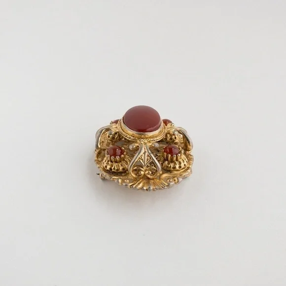 Vintage Sphinx Brooch Pin Red Poured Glass & Cabochon Rococo Baroque Style A530 - Picture 5 of 13